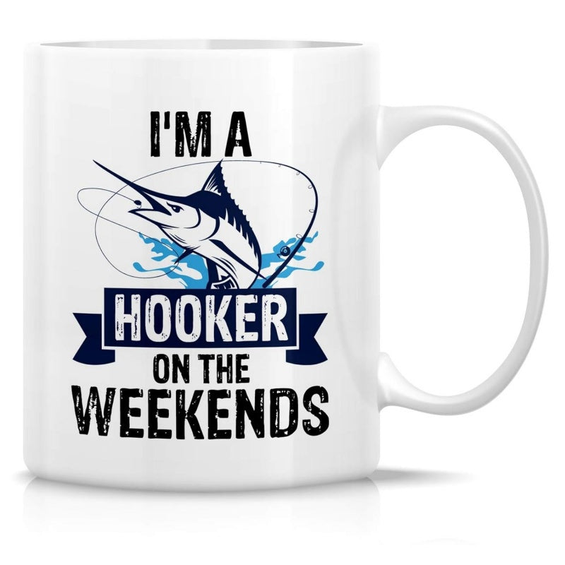 Tailorly White Ceramic 11 oz Mug - Im A Hooker On The Weekends Majestic Marlin Leaping From Splashing Blue Ocean Water Waves Marlin
