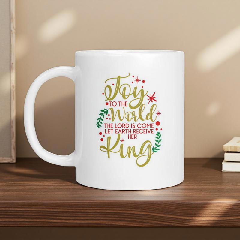 Tailorly White Ceramic 11 oz Mug - Joy To The World The Lord Is Come Let Earth Receive Her King Festive Christmas Foliage With Elegant Golden Calligraphy And