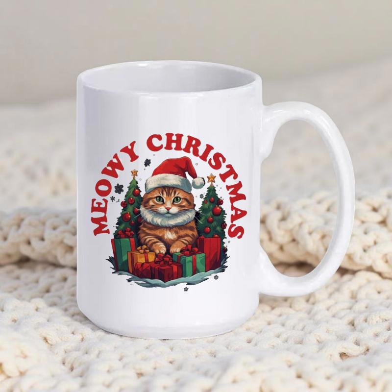 Tailorly White Ceramic 11 oz Mug - Meowy Christmas Adorable Tabby Cat Wearing Santa Hat Among Festive Holiday Gifts Cat