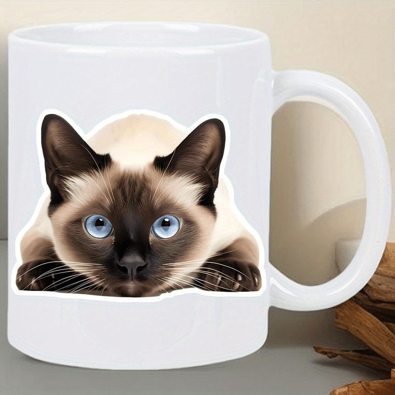 Tailorly White Ceramic 11 oz Mug - Adorable Realistic Siamese Cat Head With Striking Blue Eyes Peeking Cat