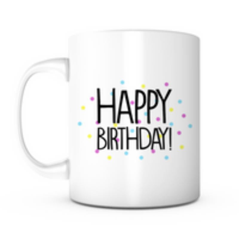 Tailorly White Ceramic 11 oz Mug - Happy Birthday Minimalist Style With Vibrant Multi Colored Confetti And Artistic Text Mug