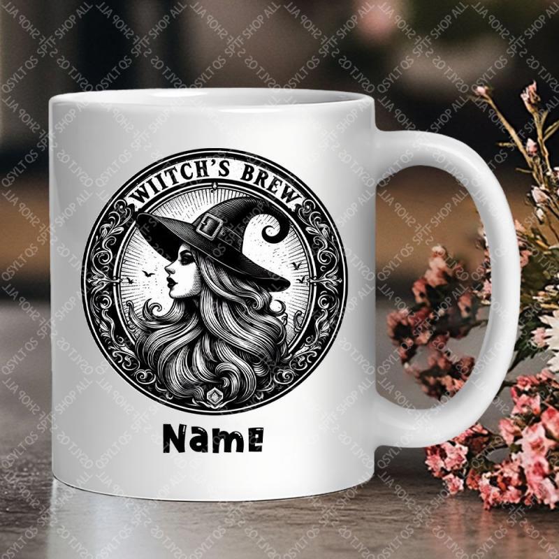 Tailorly White Ceramic 11 oz Mug - Witchs Brew Name Elegant Profile Of A Mystical Lady Wearing A Classic Pointed Hat Witch