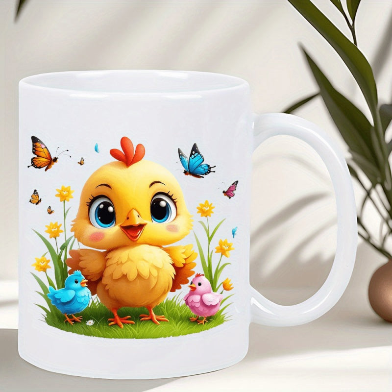Tailorly White Ceramic 11 oz Mug - Adorable Yellow Chick Standing On Grass Among Butterflies And Flowers Bird