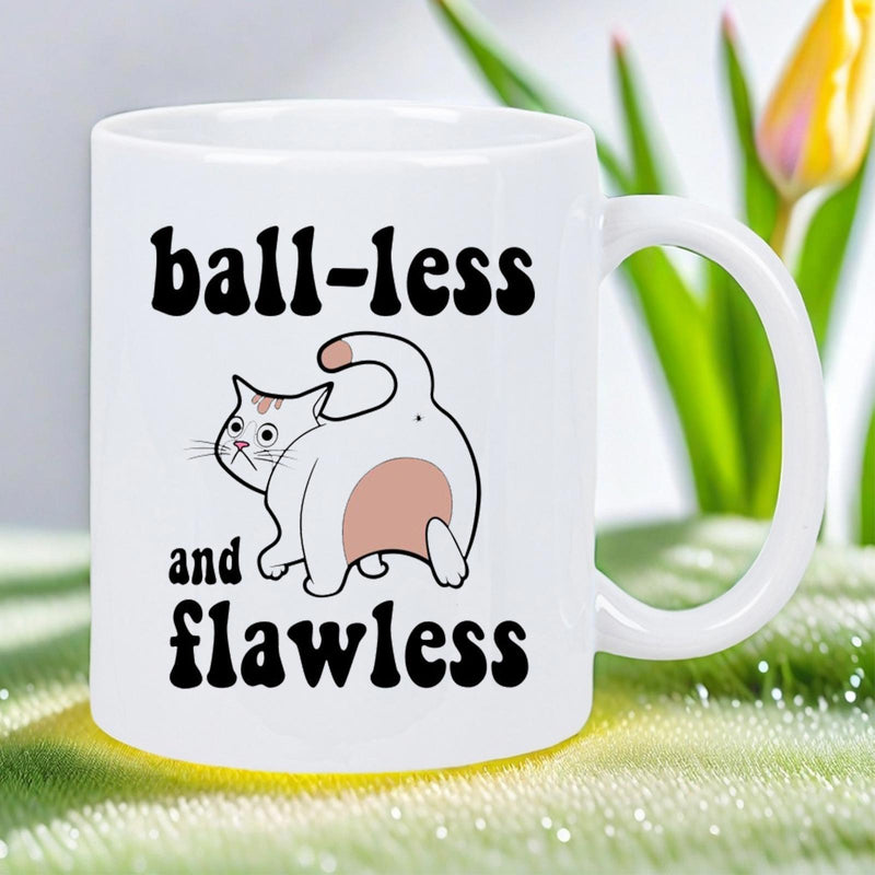 Tailorly White Ceramic 11 oz Mug - Ball Less And Flawless Round White Feline Showing Its Posterior In Cartoon Style Cat