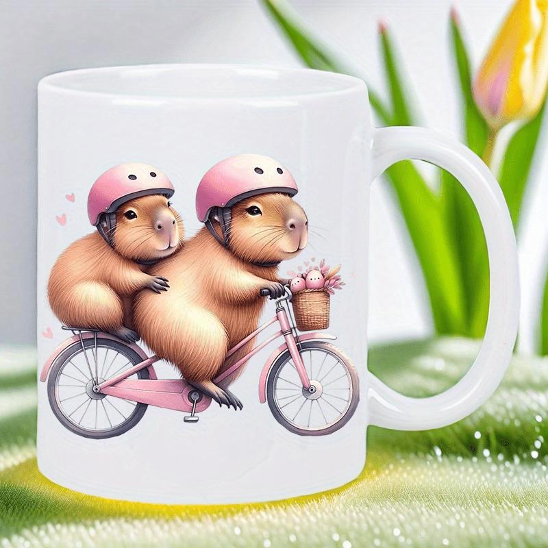 Tailorly White Ceramic 11 oz Mug - Two Adorable Capybaras Wearing Pink Helmets Riding A Small Pink Bicycle Capybara