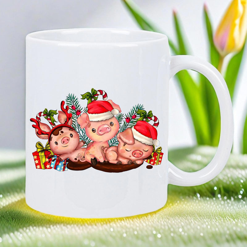 Tailorly White Ceramic 11 oz Mug - Adorable Festive Characters Wearing Santa Hats And Reindeer Antlers Beside Colorful Gifts Pigs