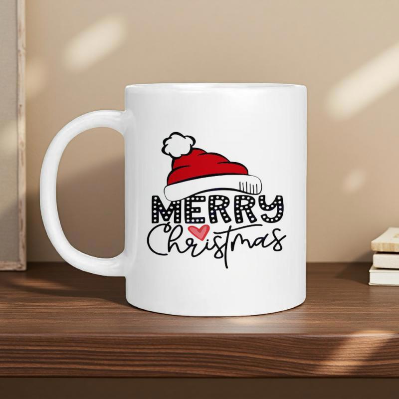 Tailorly White Ceramic 11 oz Mug - Merry Christmas Festive Red Santa Hat With Decorative Lettering And Tiny Heart Hat