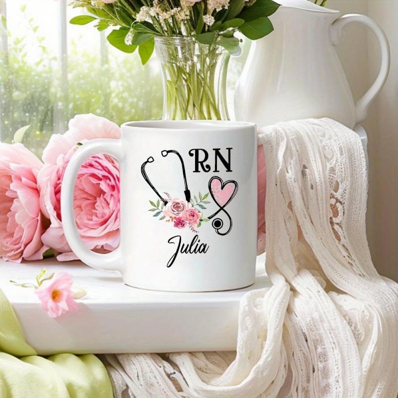 Tailorly White Ceramic 11 oz Mug - Rn Julia Elegant Floral Design With Pink Heart And Delicate Flowers Stethoscope