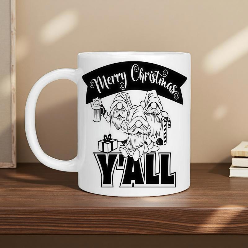 Tailorly White Ceramic 11 oz Mug - Merry Christmas Yall Three Festive Holiday Gnomes Wearing Tall Hats Holding Seasonal Items Gnomes
