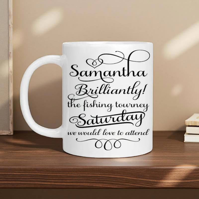 Tailorly White Ceramic 11 oz Mug - Samantha Brilliantly The Fishing Tourney Saturday We Would Love To Attend Elegant Cursive Writing With Delicate Ornamental