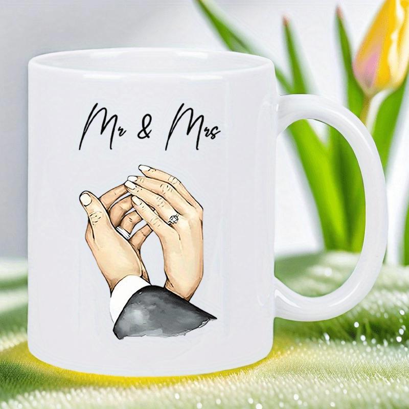 Tailorly White Ceramic 11 oz Mug - Mr Mrs Elegant Illustration Showing Two Loving Hands With Shiny Wedding Ring Hands