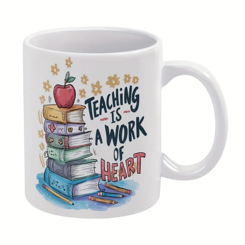 Tailorly White Ceramic 11 oz Mug - Teaching Is A Work Of Heart Stacked Colorful Books With A Red Apple And Dainty Stars Mug