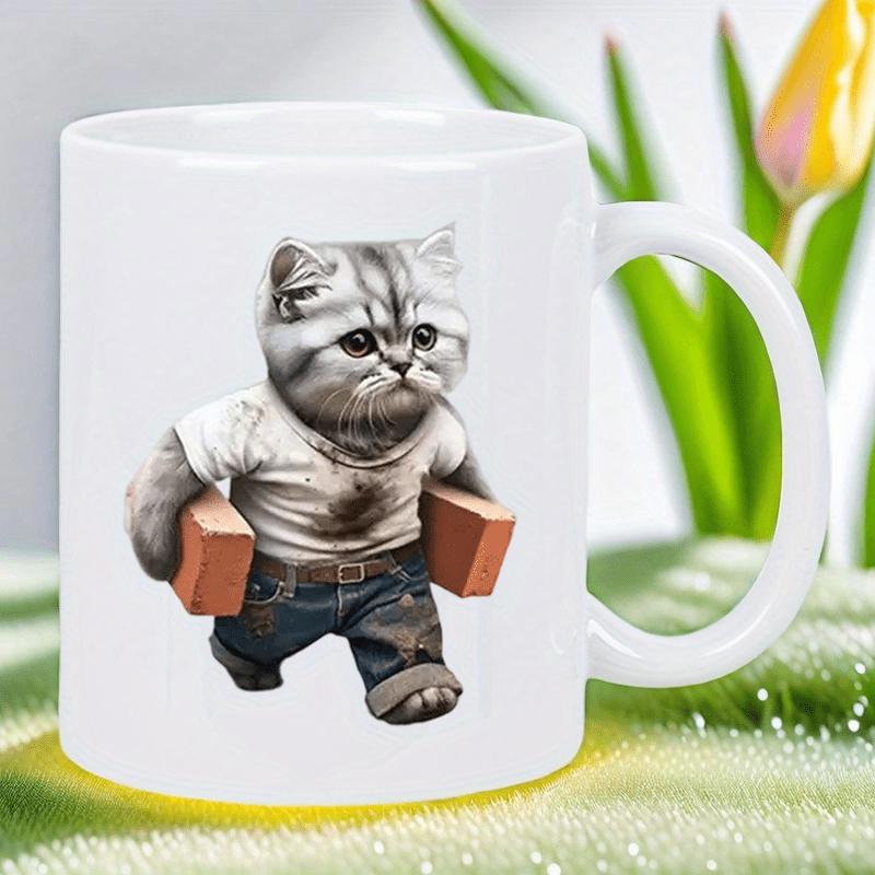 Tailorly White Ceramic 11 oz Mug - Anthropomorphic Hardworking Little Kitten Carrying Heavy Bricks Wearing Construction Clothes Cat