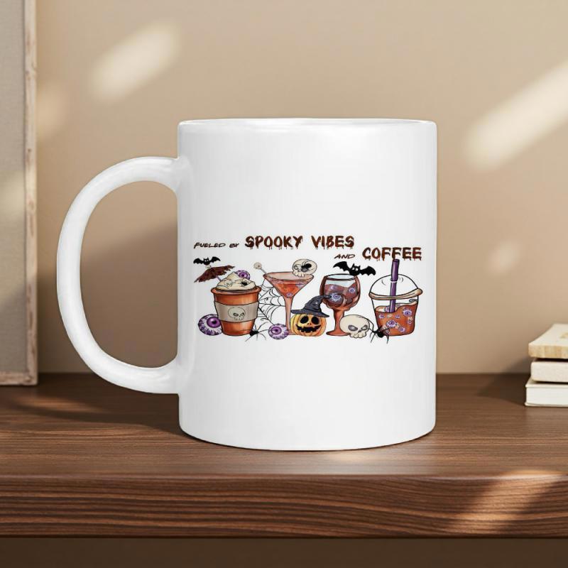 Tailorly White Ceramic 11 oz Mug - Spooky Vibes Coffee Festive Halloween Drinks With Pumpkins Bats And Ghosts Inside Creepy Glassware Drink
