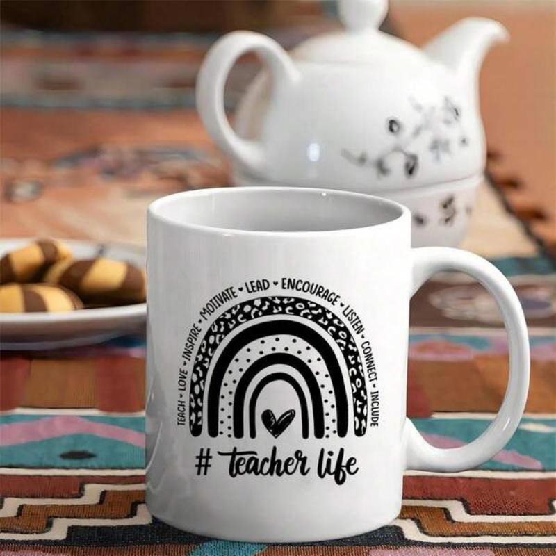 Tailorly White Ceramic 11 oz Mug - Teacher Life Minimalist Hand Drawn Boho Leopard Print Heart Patterned Stylish Rainbow