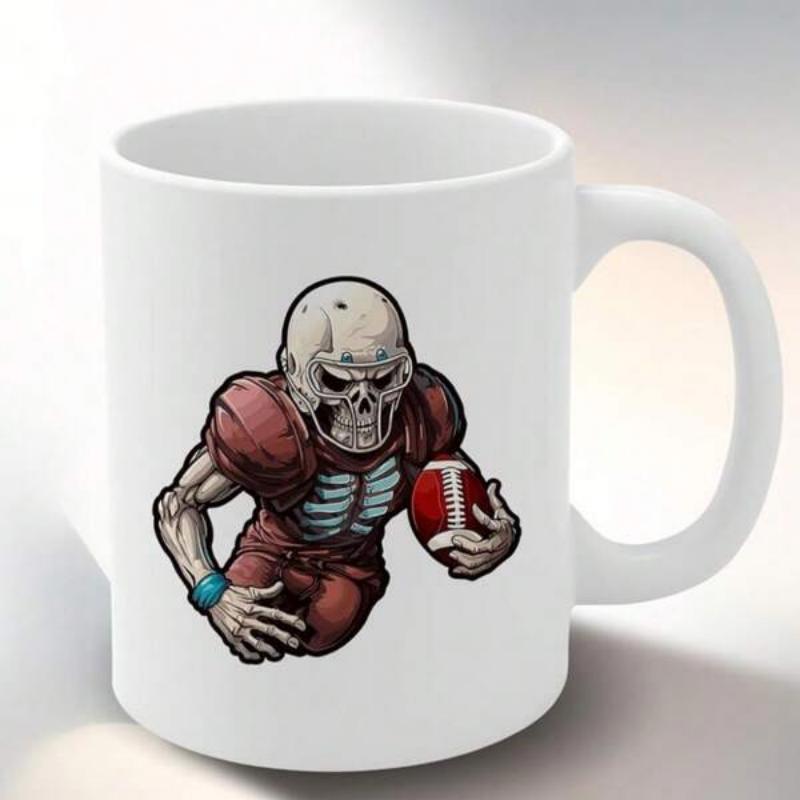 Tailorly White Ceramic 11 oz Mug - Fierce Skeletal Athlete In Red Jersey Holding A Classic Textured Pigskin Player