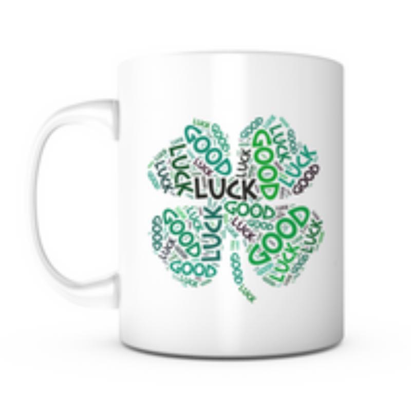 Tailorly White Ceramic 11 oz Mug - Good Luck Four Leaf Clover Symbol Composed Of Repeating Green And Black Words Clover