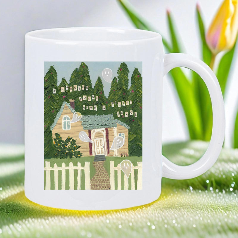 Tailorly White Ceramic 11 oz Mug - I Wish You Could Stay For A While Longer Cozy Rustic Cottage Nestled Within Lush Green Evergreen Trees Under Soft Sky Cottage