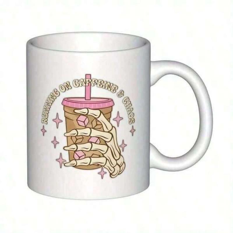 Tailorly White Ceramic 11 oz Mug - Running On Caffeine Chaos Skeletal Hand Holding Chilled Coffee Cup Decorated With Pink Glitter Accents Skeleton