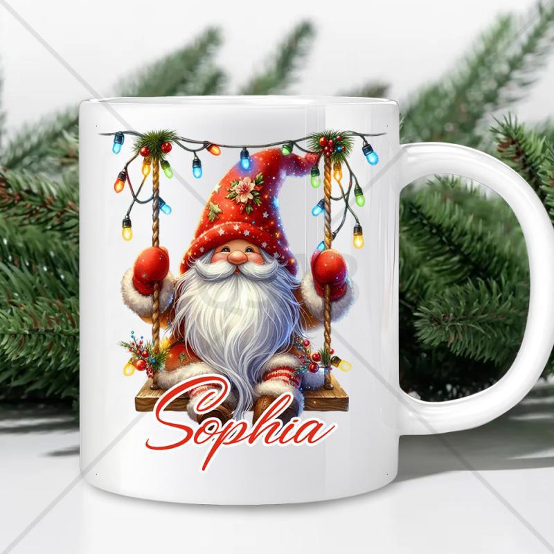 Tailorly White Ceramic 11 oz Mug - Sophia Festive Christmas Character Swinging On Wooden Board Under Twinkling Colorful Lights Gnome