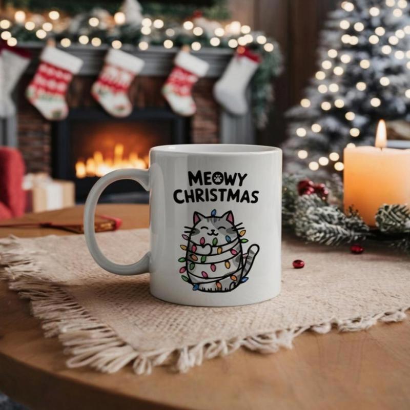 Tailorly White Ceramic 11 oz Mug - Meowy Christmas Festive Chubby Feline Wrapped In Sparkling Colorful Holiday String Lights Cat