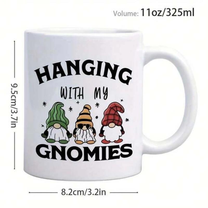 Tailorly White Ceramic 11 oz Mug - Hanging With My Gnomes Three Adorable Nordic Figures Wearing Striped And Plaid Hats Beneath Festive Text Gnome