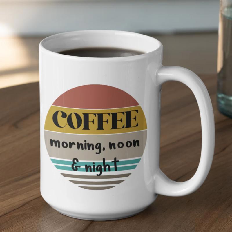 Tailorly White Ceramic 11 oz Mug - Coffee Morning Noon Night Vintage Striped Circle With Colorful Horizontal Bands And Artistic Retro Mug