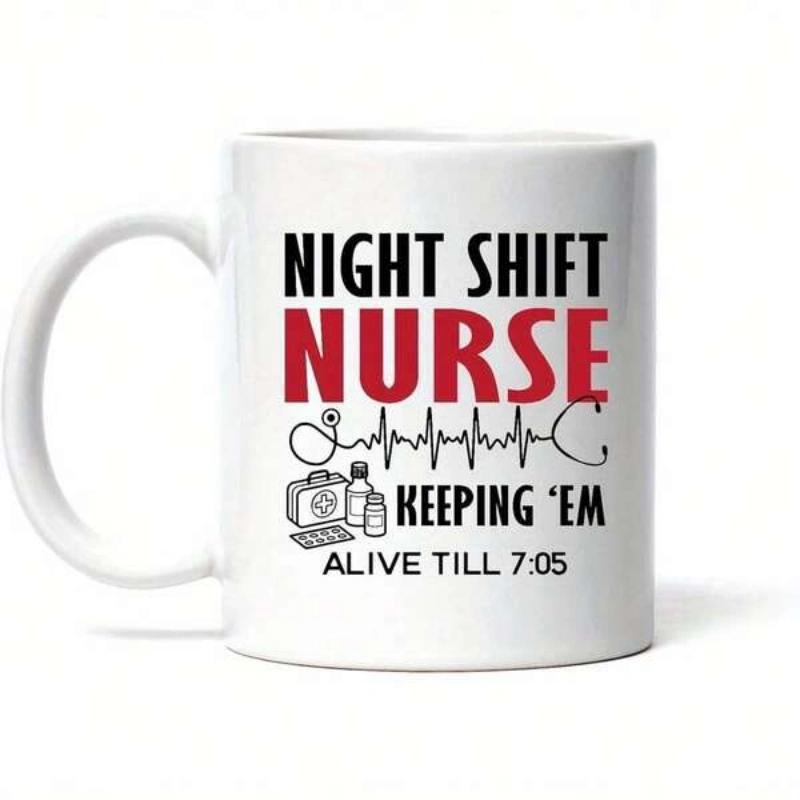 Tailorly White Ceramic 11 oz Mug - Night Shift Nurse Keeping Em Alive Till 705 Professional Medical Heartbeat Pulse With First Aid Symbols Stethoscope
