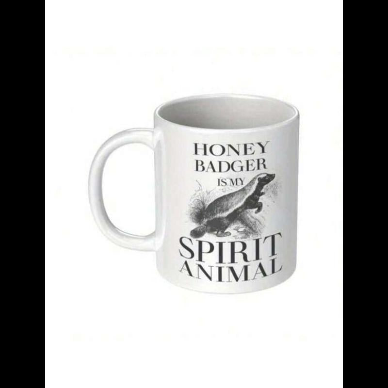 Tailorly White Ceramic 11 oz Mug - Honey Badger Is My Spirit Animal Detailed Monochrome Sketch Of A Wild Fierce Standing Mammal Badger