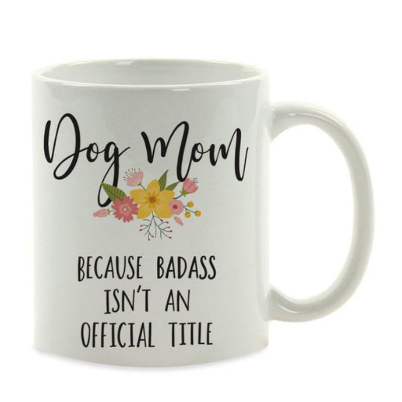 Tailorly White Ceramic 11 oz Mug - Dog Mom Because Badass Isnt An Official Title Colorful Blooming Spring Wildflowers With Green Leaves In Hand Painted Style