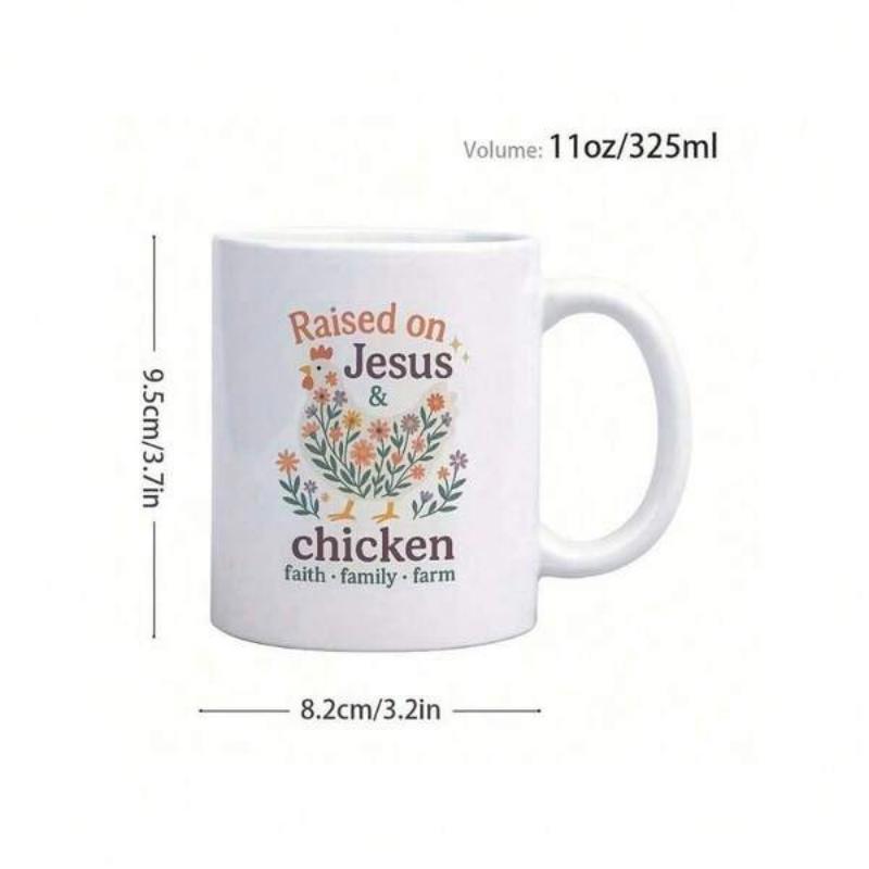 Tailorly White Ceramic 11 oz Mug - Raised On Jesus Chicken Faith Family Farm Rustic Farmhouse Style With Floral Patterned Hen Silhouette Standing Chicken