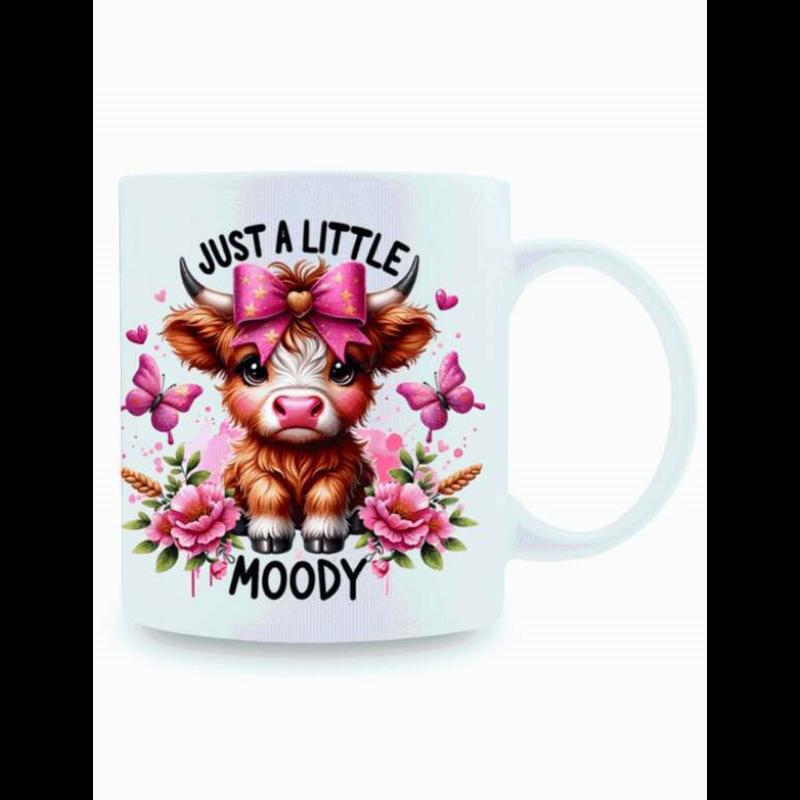 Tailorly White Ceramic 11 oz Mug - Just A Little Moody Adorable Highland Calf With Pink Bow Surrounded By Flowers Cow