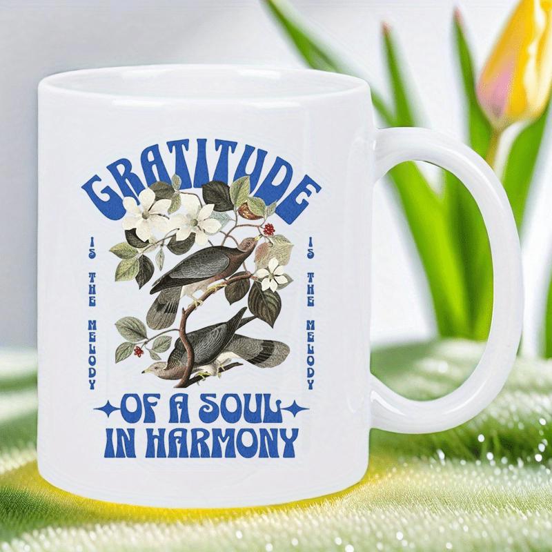 Tailorly White Ceramic 11 oz Mug - Gratitude Is The Melody Of A Soul In Harmony Vintage Illustration Of Songbirds Resting On Flowering Branches Bird
