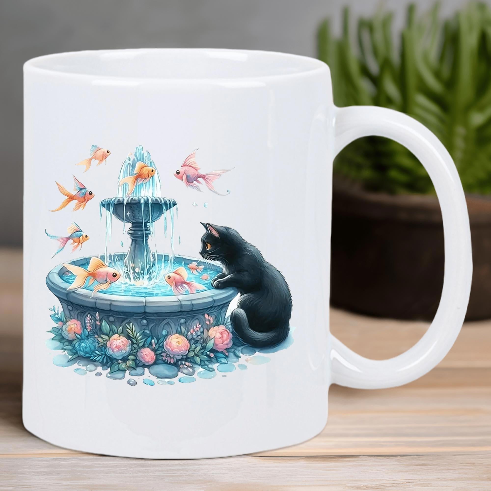 Tailorly White Ceramic 11 oz Mug - Elegant Blue Fountain With Goldfish Swimming Near A Curious Black Cat