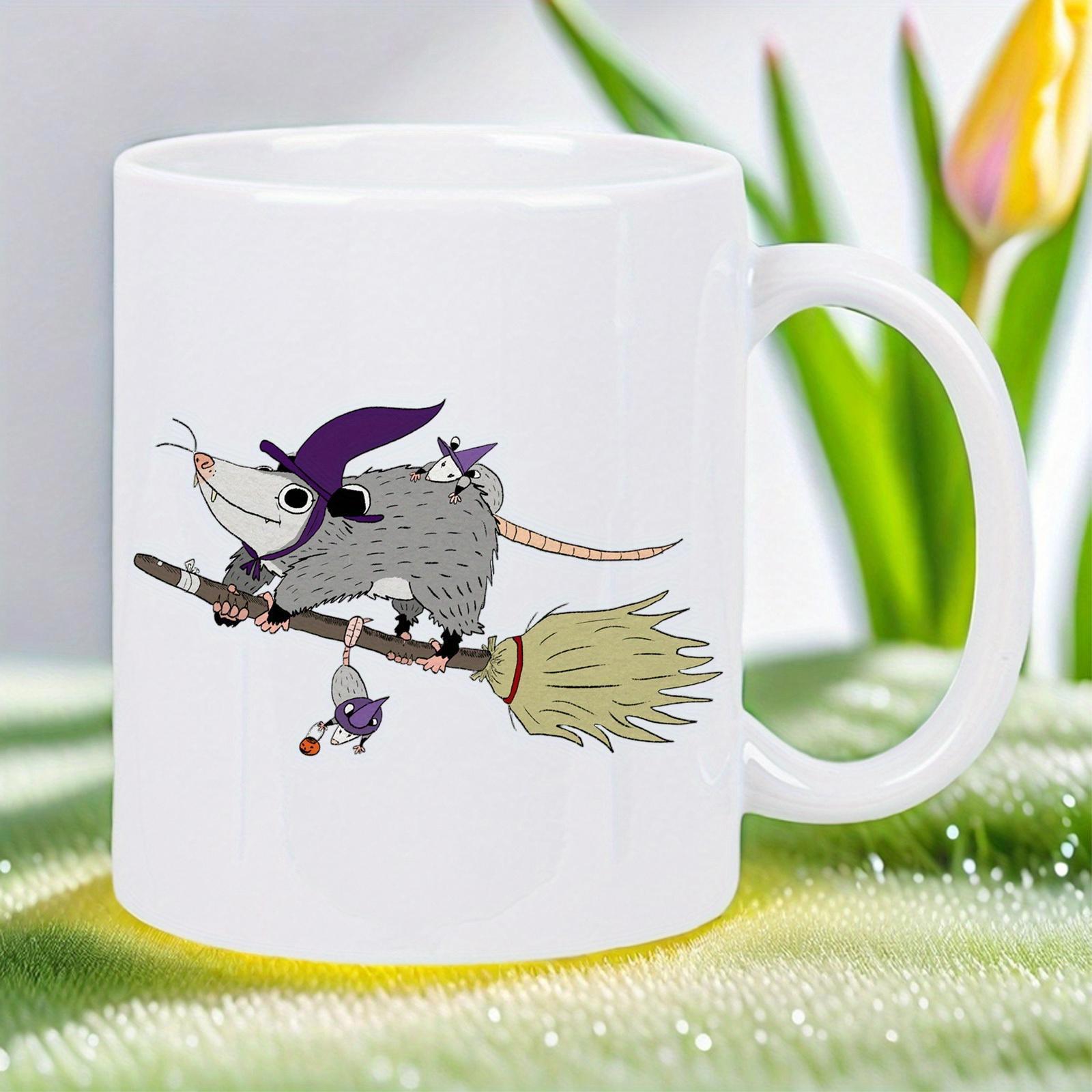 Tailorly White Ceramic 11 oz Mug - Cute Cartoon Character Wearing Purple Witch Hat Riding A Magic Wooden Broom Opossum