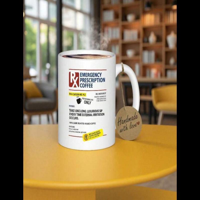 Tailorly White Ceramic 11 oz Mug - Emergency Prescription Coffee Medical Prescription Layout With Red Rx Symbol And Black Text Label