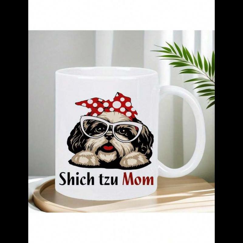 Tailorly White Ceramic 11 oz Mug - Shich Tzu Mom Adorable Dog Wearing Red Polka Dot Bandana And Large White Glasses Shih Tzu