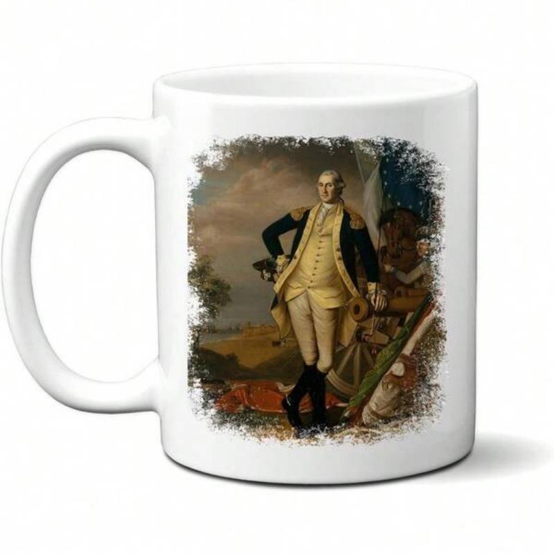Tailorly White Ceramic 11 oz Mug - Classic Historical Portrait Of A Distinguished General Standing On Battlefield George Washington