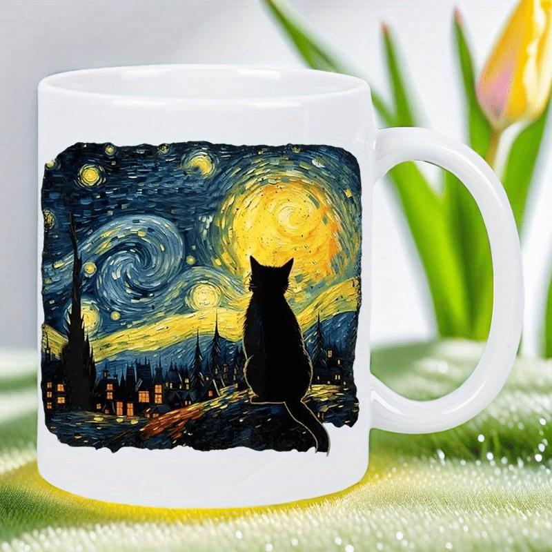 Tailorly White Ceramic 11 oz Mug - Mystical Starry Night Sky With Swirling Yellow Moon And Silent Sitting Cat