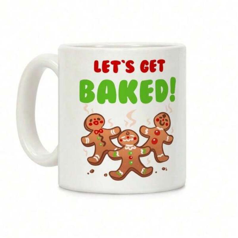 Tailorly White Ceramic 11 oz Mug - Lets Get Baked Three Happy Gingerbread Men Dancing Together Under Festive Holiday Steam Gingerbread