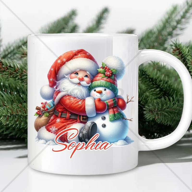 Tailorly White Ceramic 11 oz Mug - Sophia Adorable Jolly Santa Claus Hugging A Cute Little Winter Snowman