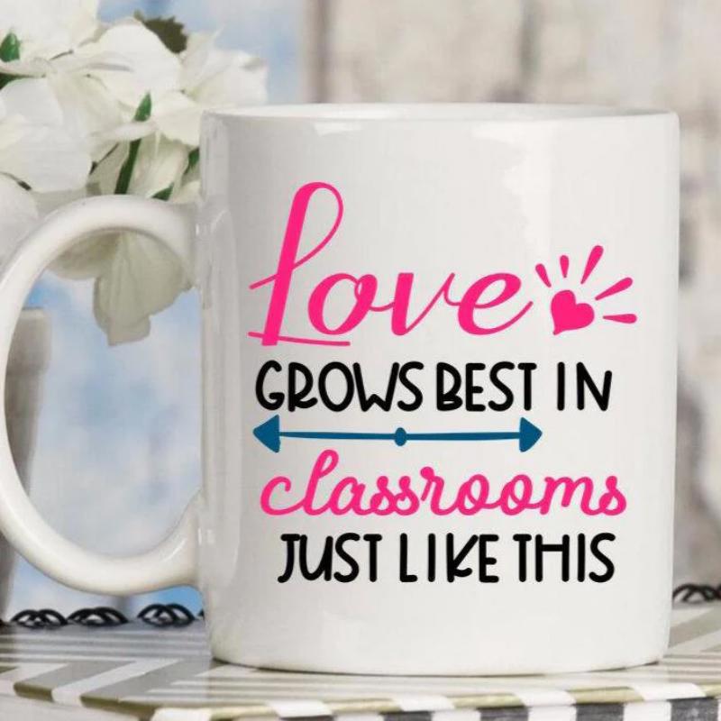 Tailorly White Ceramic 11 oz Mug - Love Grows Best In Classrooms Just Like This Elegant Ceramic Texture Featuring A Heart Graphic Among Stylized Script Typography