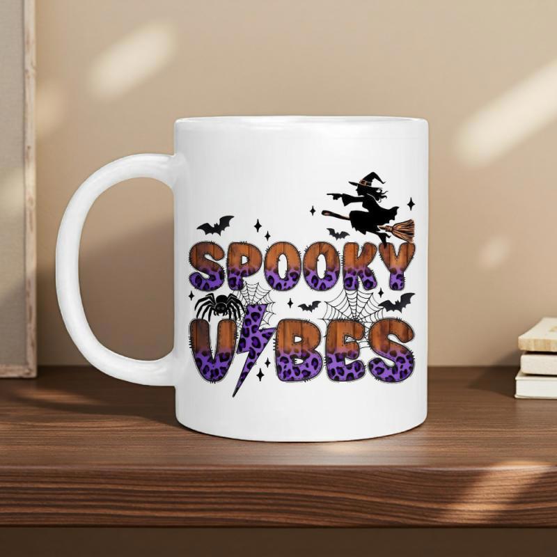 Tailorly White Ceramic 11 oz Mug - Spooky Vibes Flying Witch On Broomstick Among Bats And Detailed Spider Webs Witch