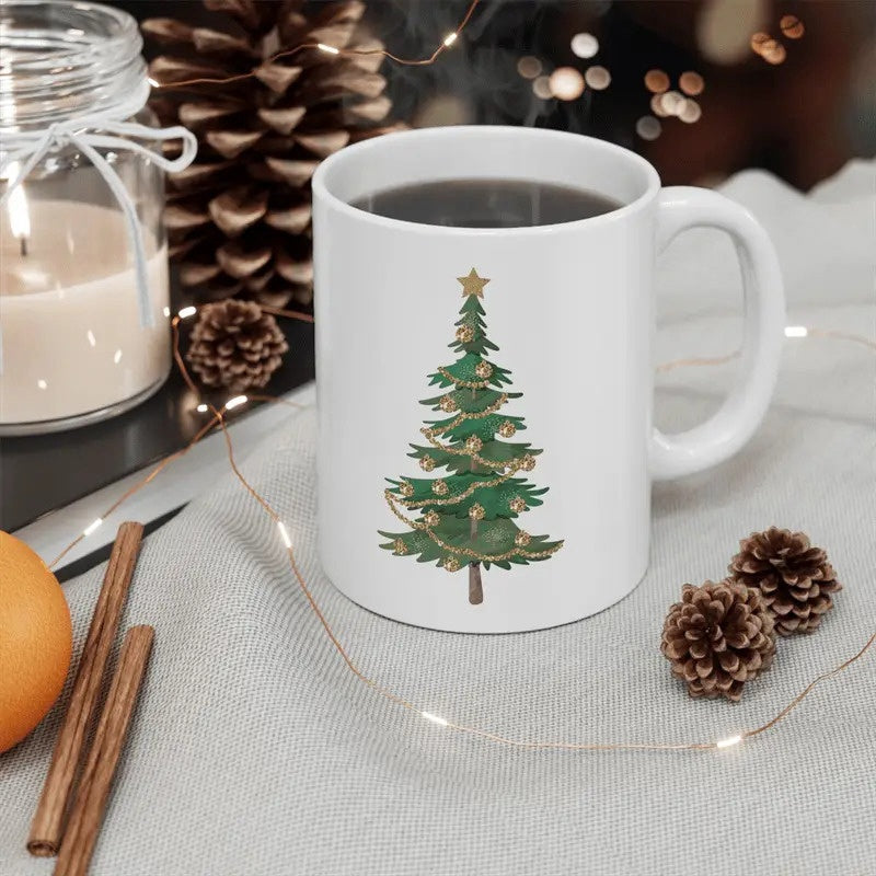 Tailorly White Ceramic 11 oz Mug - Festive Green Pine With Golden Ornaments And Shining Star On Top Tree
