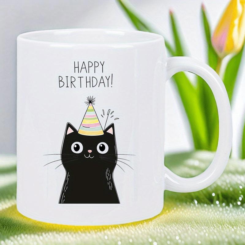 Tailorly White Ceramic 11 oz Mug - Happy Birthday Adorable Black Kitten Wearing Colorful Striped Party Hat Celebrating Special Occasion Cat