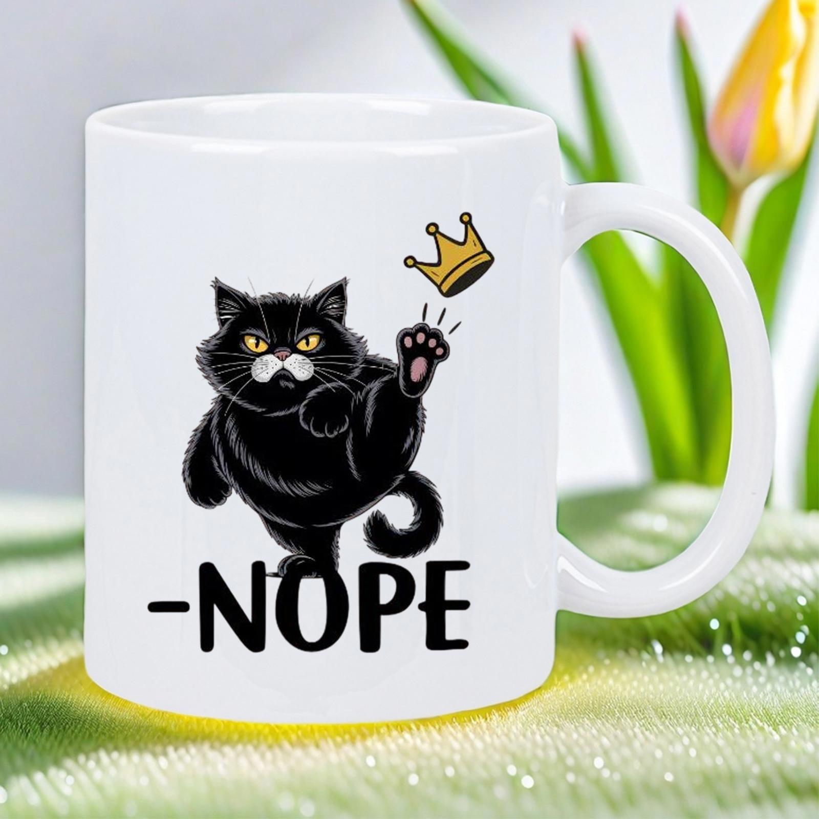 Tailorly White Ceramic 11 oz Mug - Nope Grumpy Black Karate Kick Under Flying Small Golden Crown Cat