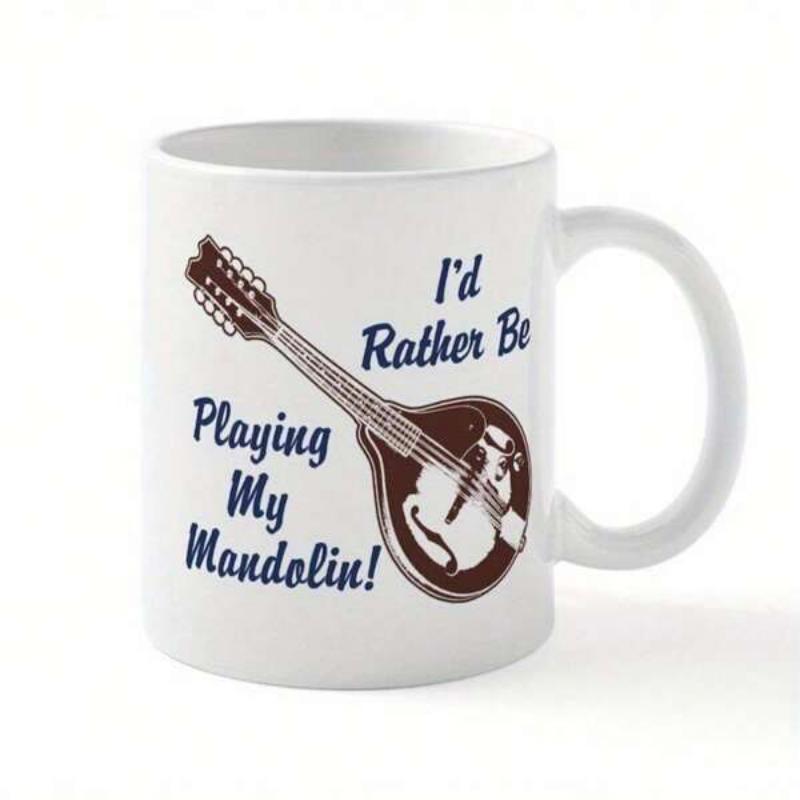 Tailorly White Ceramic 11 oz Mug - I'd Rather Be Playing My Mandolin Stylized Brown Vintage Stringed Musical Instrument Angled Across The White Background Mandolin