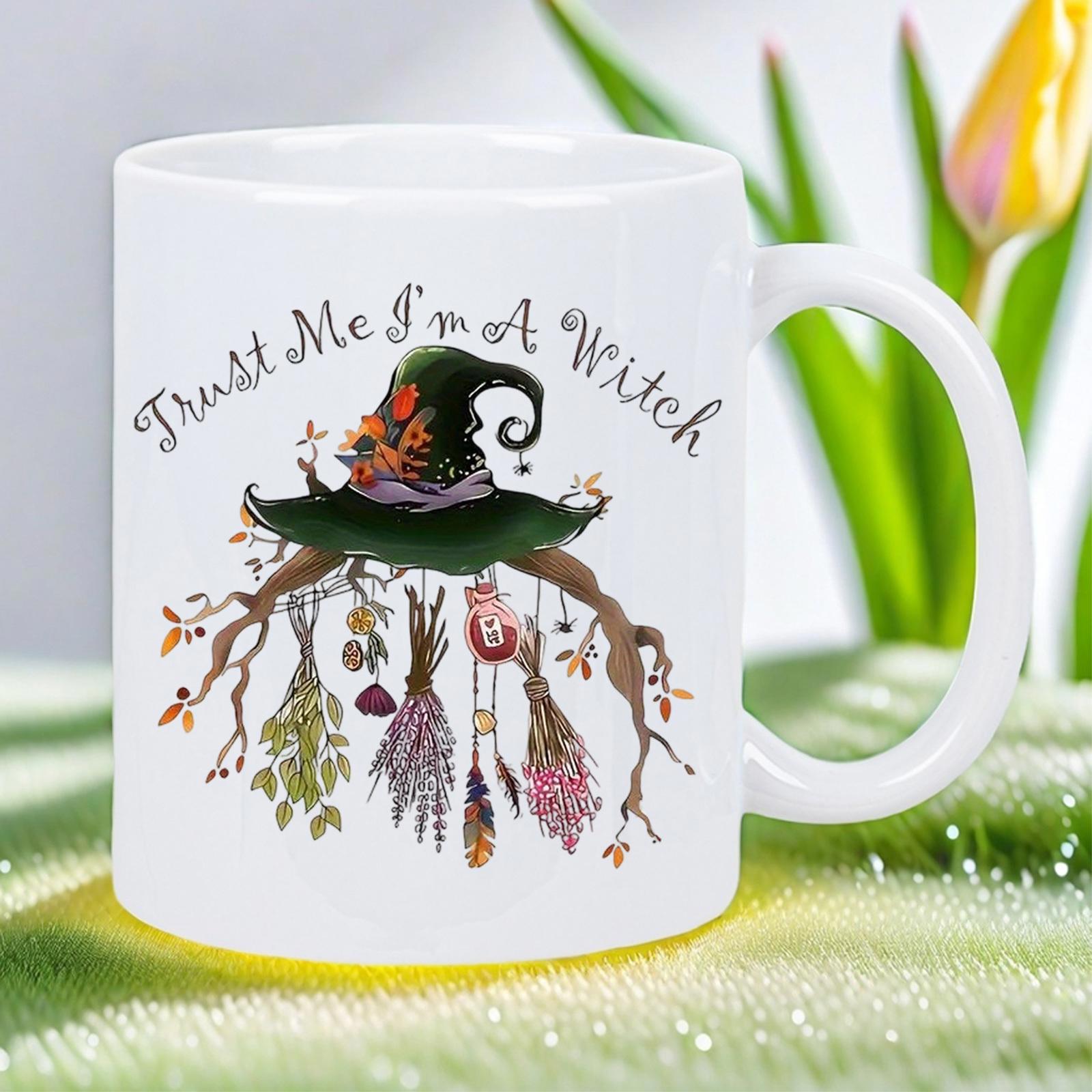 Tailorly White Ceramic 11 oz Mug - Trust Me Im A Witch Whimsical Green Witch Hat Resting On Branch With Hanging Dried Botanical Herbs Hat