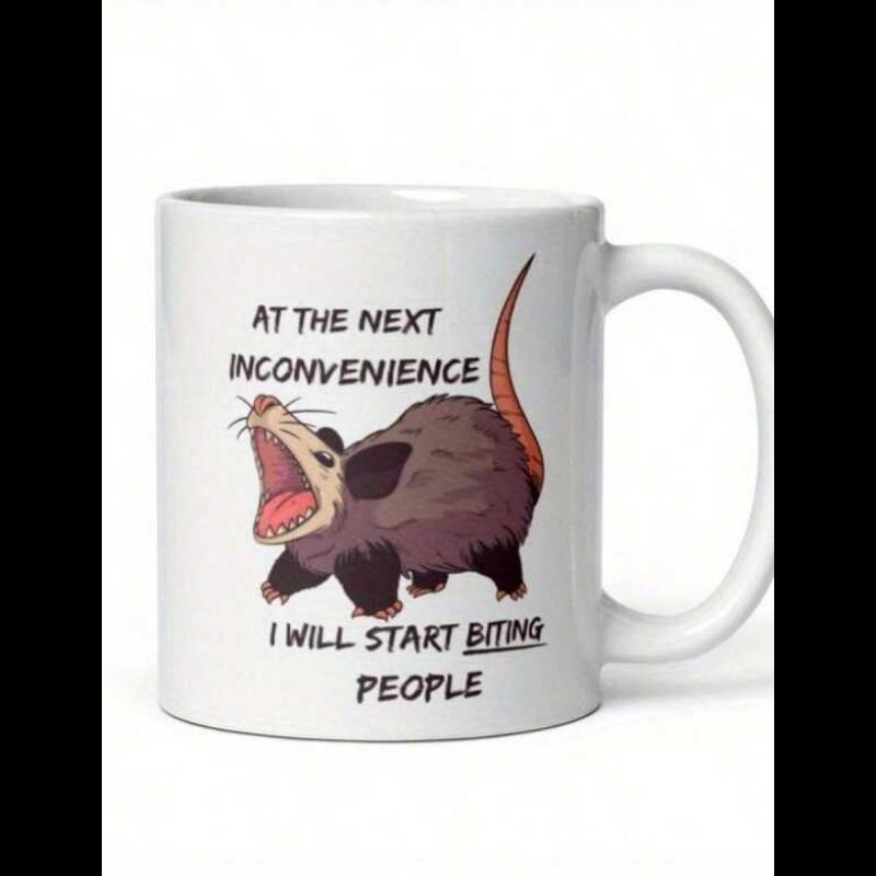 Tailorly White Ceramic 11 oz Mug - At The Next Inconvenience I Will Start Biting People Screaming Marsupial With Open Mouth Showing Teeth Among Humorous Text
