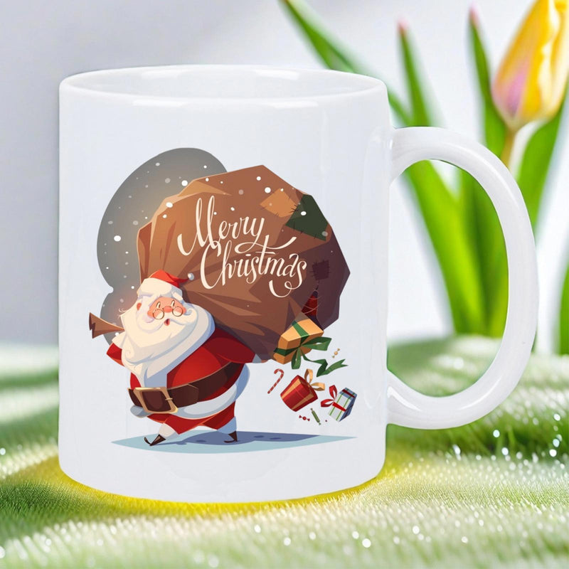 Tailorly White Ceramic 11 oz Mug - Merry Christmas Festive Santa Carrying A Large Brown Bag Filled With Wrapped Gifts Santa